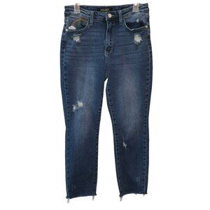 Judy Blue Rainbow Embroidered Straight Leg Jeans Size 7 28 Distressed Raw Hem